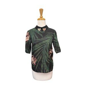 Ted Baker Danyell Top Size 0 US Size Xs Green Palm Leaf Print Blouse
